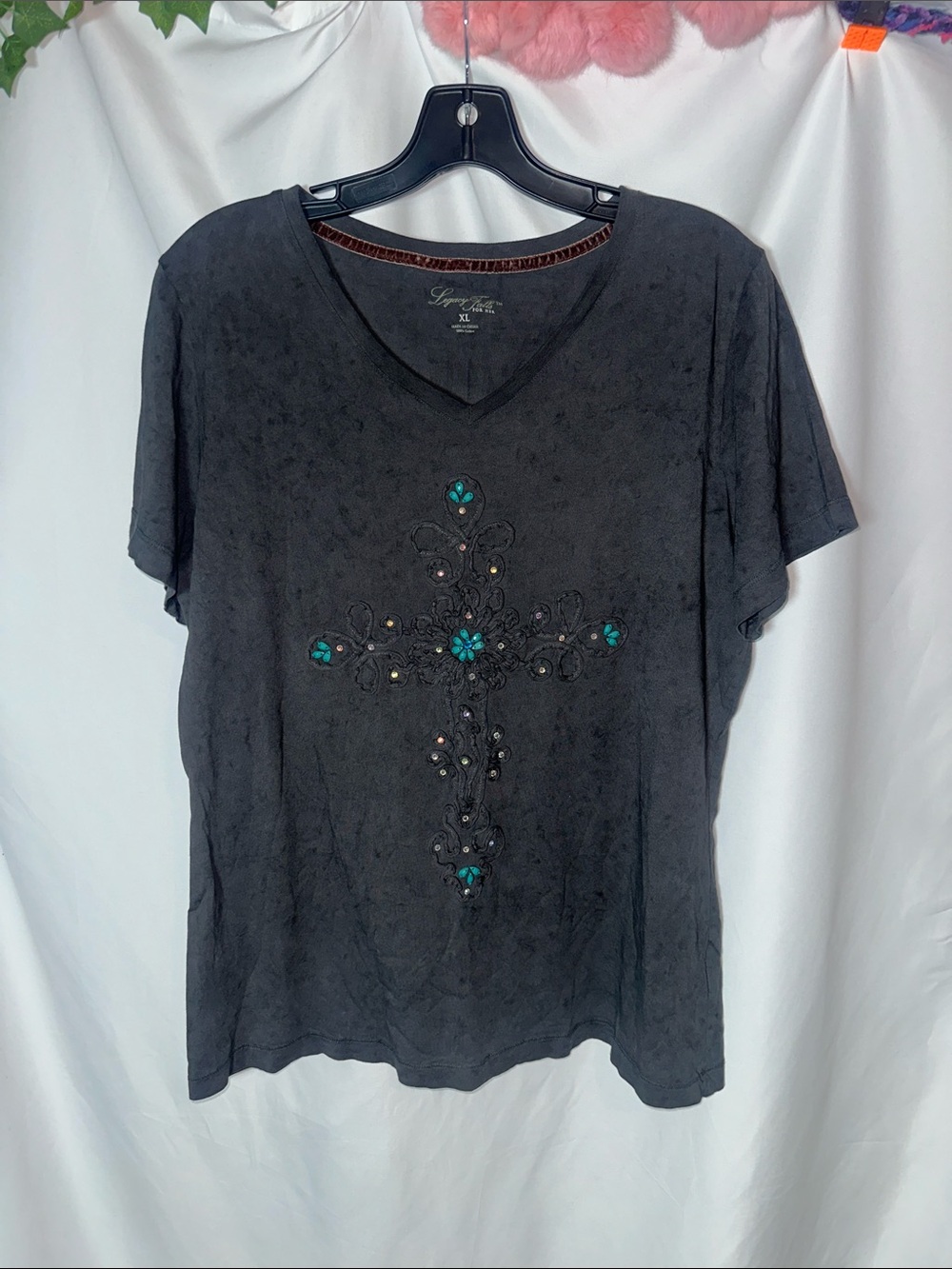 Legacy falls Black V-Neck Short Sleeve Tee with Turquoise Cross Detail